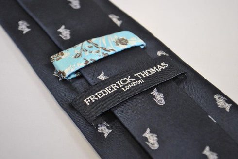 navy tie with medieval knight helmet design